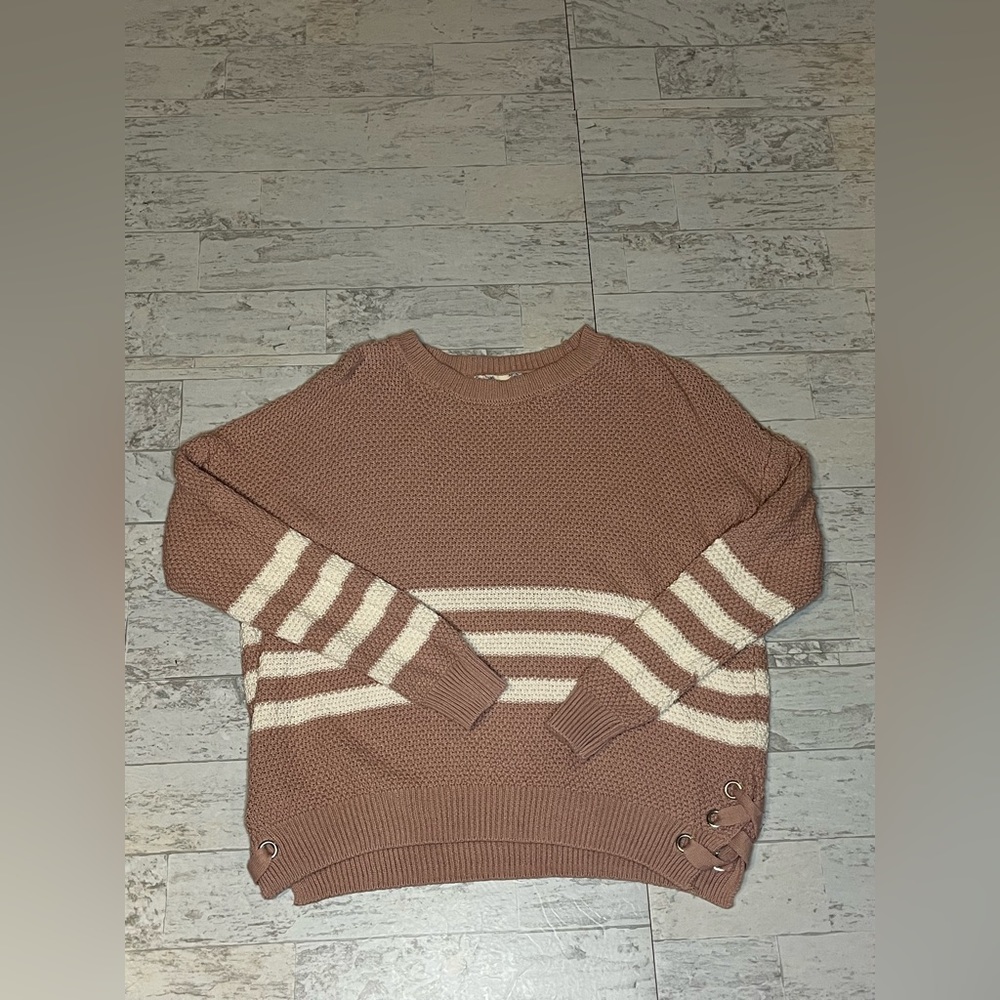 Pink Republic rusty pink and white sweater with stripes. Size XS